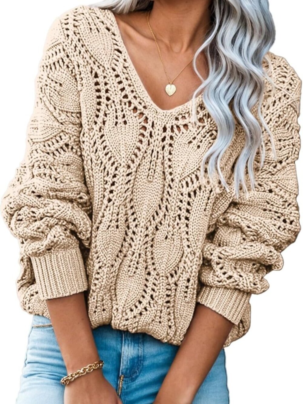 Cozy V-Neck Crochet Hollow Out Winter Pullover Sweater for Women - Stylish